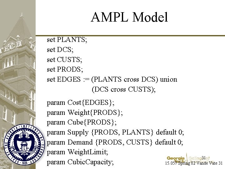 AMPL Model set PLANTS; set DCS; set CUSTS; set PRODS; set EDGES : =