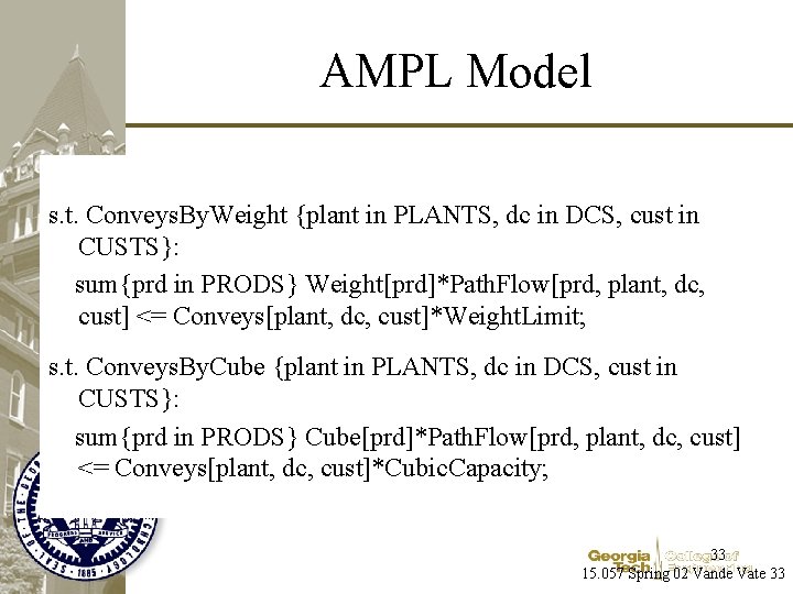 AMPL Model s. t. Conveys. By. Weight {plant in PLANTS, dc in DCS, cust