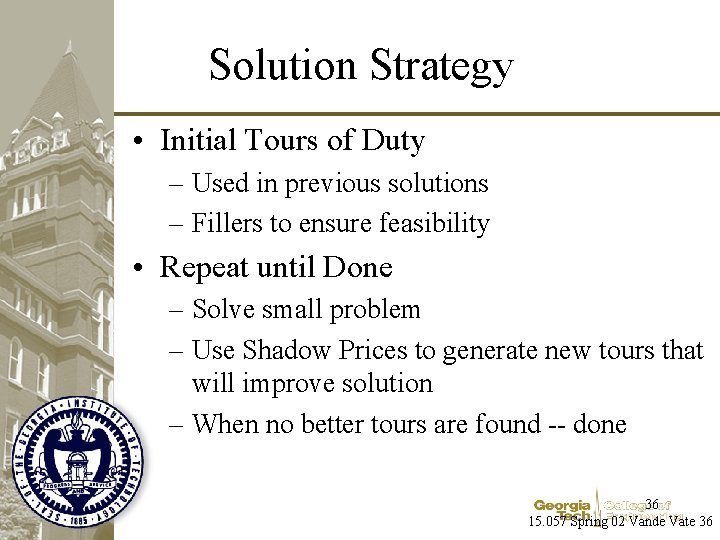 Solution Strategy • Initial Tours of Duty – Used in previous solutions – Fillers