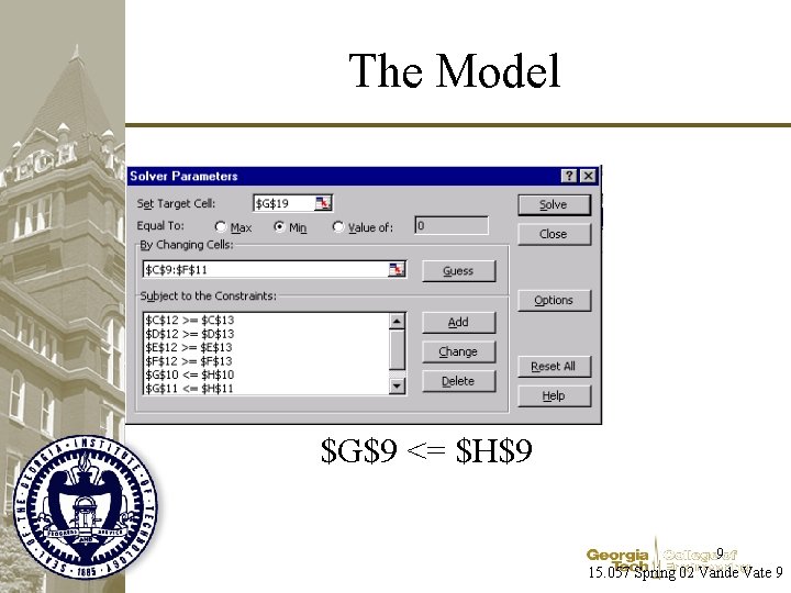 The Model $G$9 <= $H$9 9 15. 057 Spring 02 Vande Vate 9 