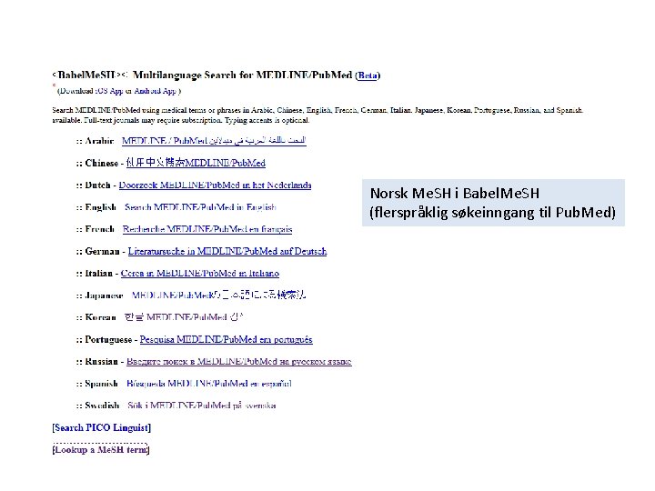 Norsk Me. SH i Babel. Me. SH (flerspråklig søkeinngang til Pub. Med) 