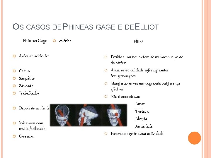 OS CASOS DE PHINEAS GAGE E DE ELLIOT Phineas Gage Antes do acidente: Calmo