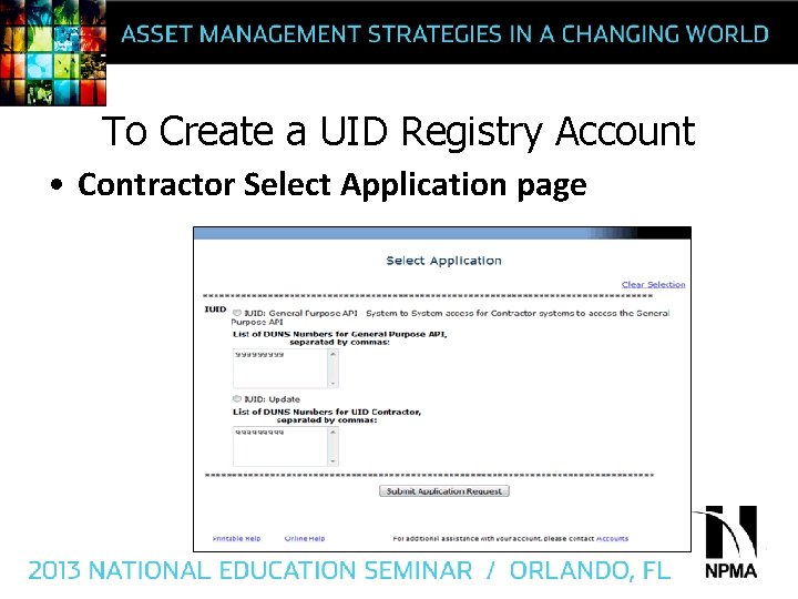 To Create a UID Registry Account • Contractor Select Application page 