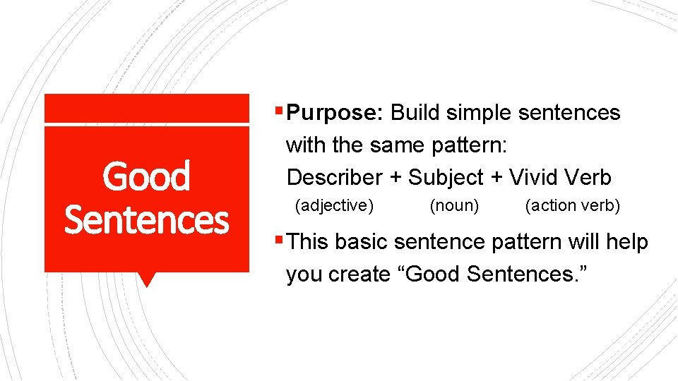 § Purpose: Build simple sentences Good Sentences with the same pattern: Describer + Subject