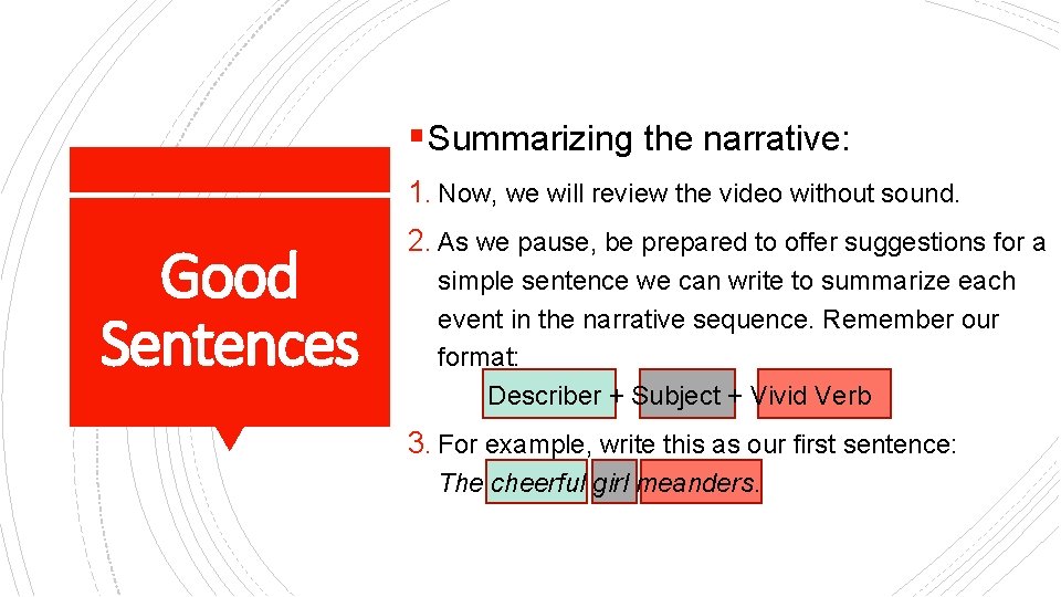 § Summarizing the narrative: 1. Now, we will review the video without sound. Good