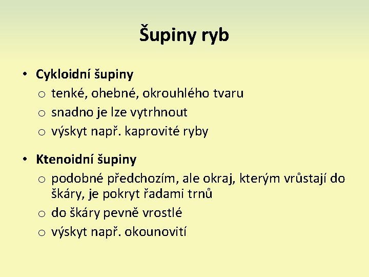 Šupiny ryb • Cykloidní šupiny o tenké, ohebné, okrouhlého tvaru o snadno je lze