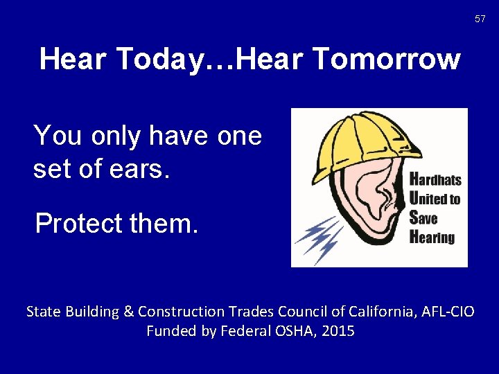 57 Hear Today…Hear Tomorrow You only have one set of ears. Protect them. State