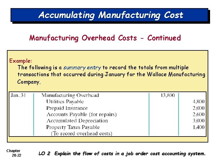 Accumulating Manufacturing Cost Manufacturing Overhead Costs - Continued Example: The following is a summary