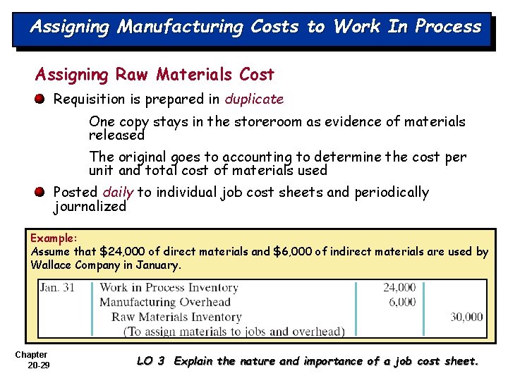 Assigning Manufacturing Costs to Work In Process Assigning Raw Materials Cost Requisition is prepared