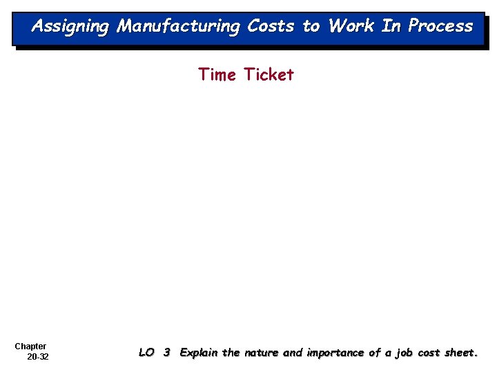 Assigning Manufacturing Costs to Work In Process Time Ticket Chapter 20 -32 LO 3