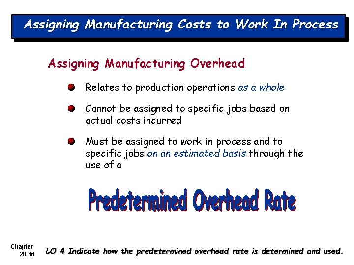 Assigning Manufacturing Costs to Work In Process Assigning Manufacturing Overhead Relates to production operations