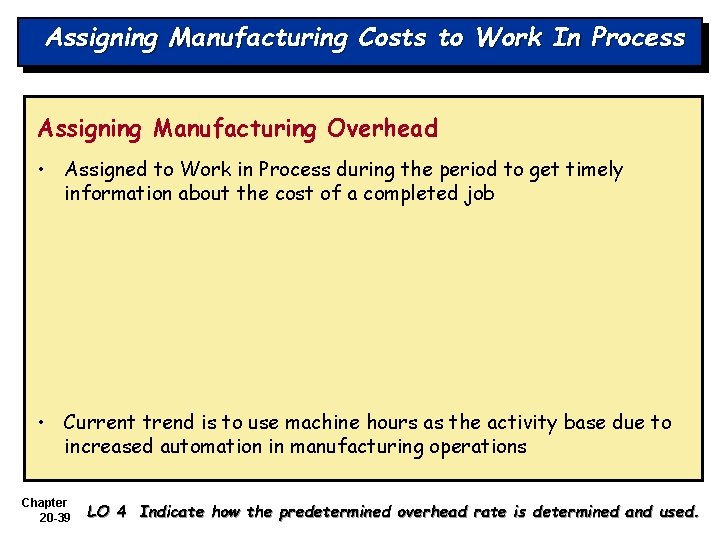 Assigning Manufacturing Costs to Work In Process Assigning Manufacturing Overhead • Assigned to Work