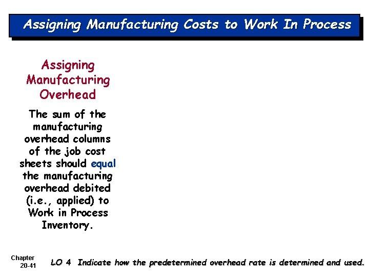 Assigning Manufacturing Costs to Work In Process Assigning Manufacturing Overhead The sum of the