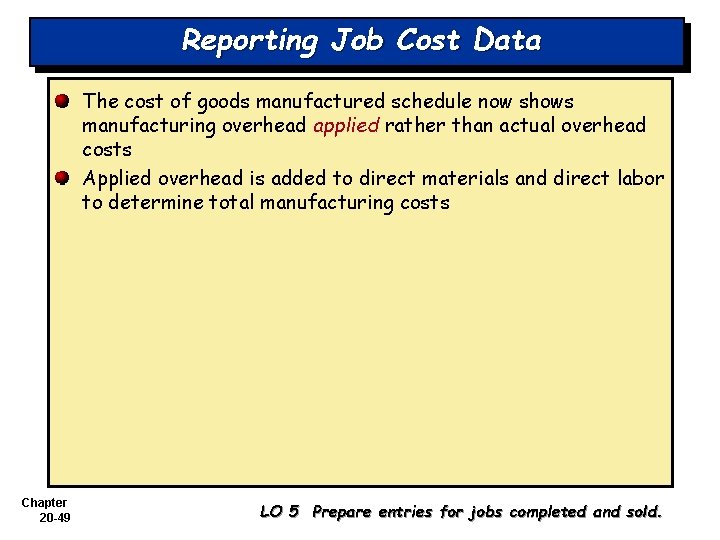 Reporting Job Cost Data The cost of goods manufactured schedule now shows manufacturing overhead