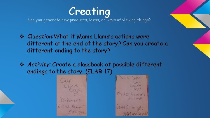 Creating Can you generate new products, ideas, or ways of viewing things? v Question: