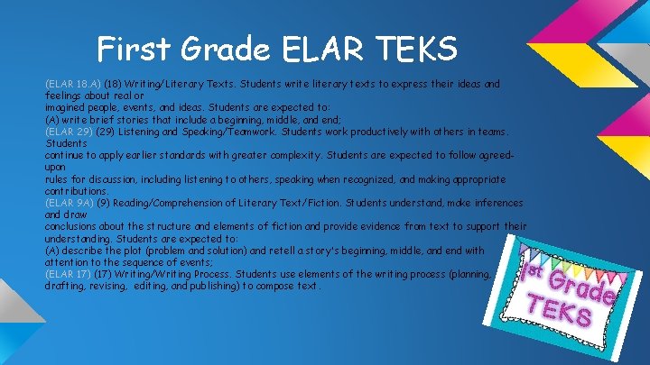 First Grade ELAR TEKS (ELAR 18. A) (18) Writing/Literary Texts. Students write literary texts