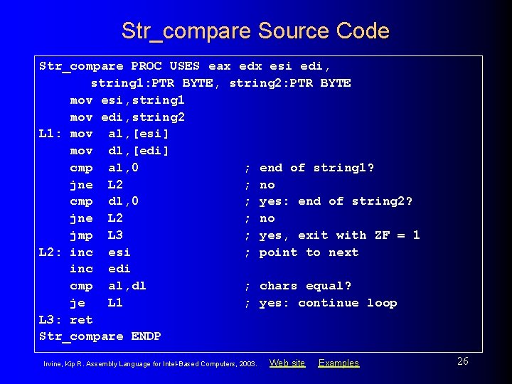 Str_compare Source Code Str_compare PROC USES eax edx esi edi, string 1: PTR BYTE,