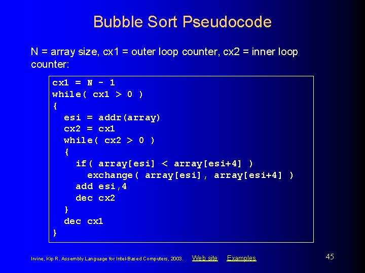 Bubble Sort Pseudocode N = array size, cx 1 = outer loop counter, cx