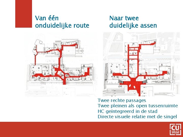 Van één onduidelijke route Naar twee duidelijke assen Twee rechte passages Twee pleinen als