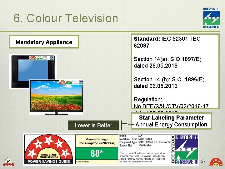 6. Colour Television Standard: IEC 62301, IEC 62087 Mandatory Appliance Section 14(a): S. O.