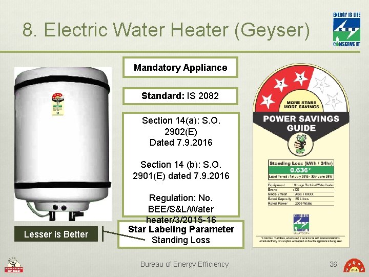 8. Electric Water Heater (Geyser) Mandatory Appliance Standard: IS 2082 Section 14(a): S. O.