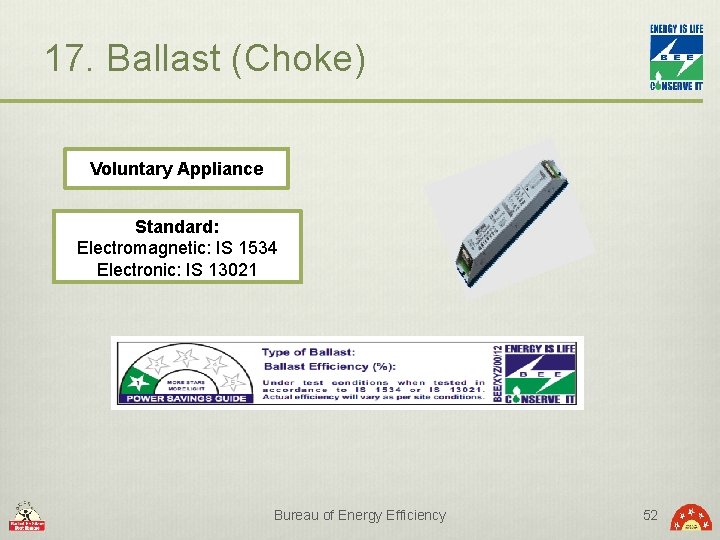 17. Ballast (Choke) Voluntary Appliance Standard: Electromagnetic: IS 1534 Electronic: IS 13021 Bureau of