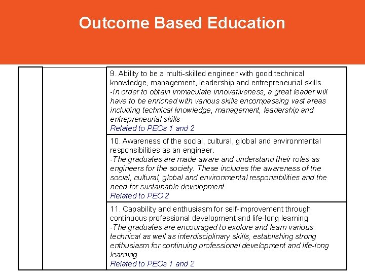 Outcome Based Education 9. Ability to be a multi-skilled engineer with good technical knowledge,