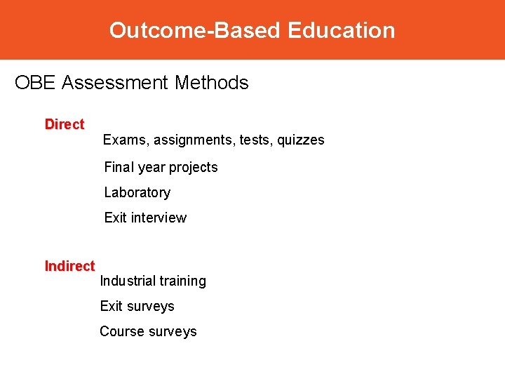 Outcome-Based Education OBE Assessment Methods Direct Exams, assignments, tests, quizzes Final year projects Laboratory