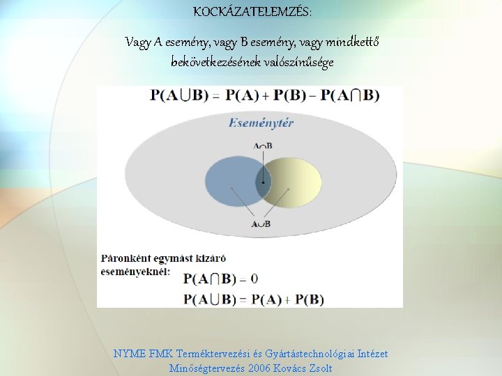 KOCKÁZATELEMZÉS: Vagy A esemény, vagy B esemény, vagy mindkettő bekövetkezésének valószínűsége NYME FMK Terméktervezési