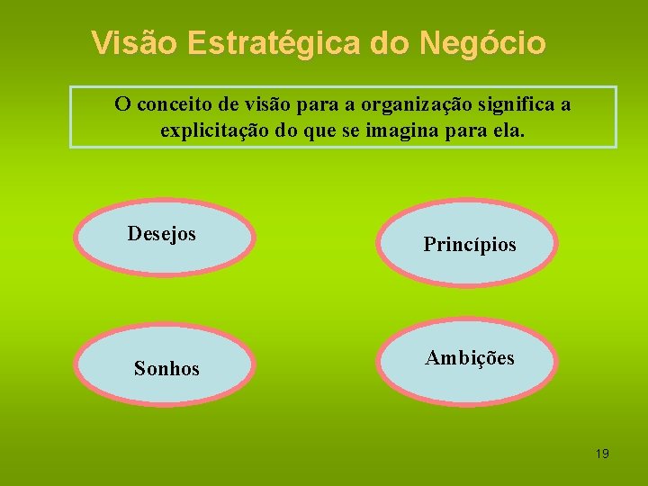 Visão Estratégica do Negócio O conceito de visão para a organização significa a explicitação