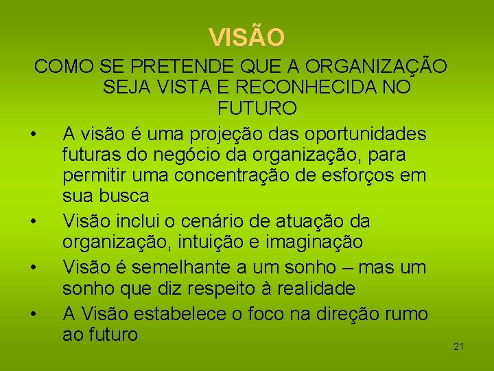 VISÃO COMO SE PRETENDE QUE A ORGANIZAÇÃO SEJA VISTA E RECONHECIDA NO FUTURO •