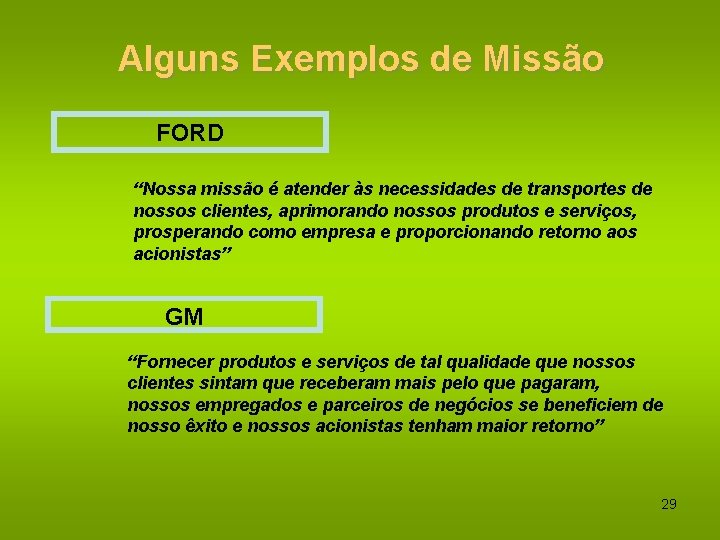 Alguns Exemplos de Missão FORD “Nossa missão é atender às necessidades de transportes de