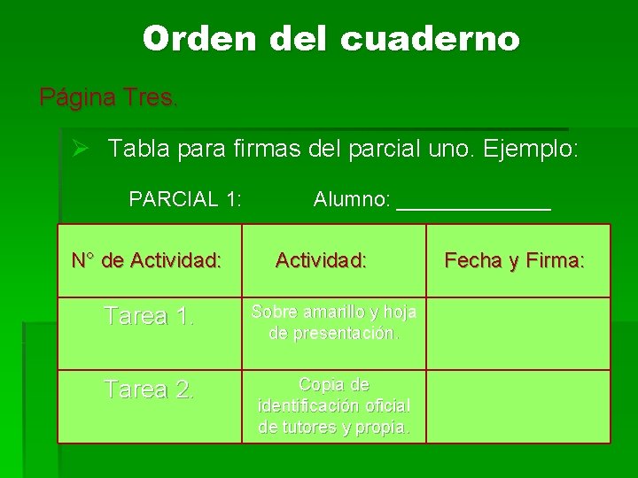 Orden del cuaderno Página Tres. Ø Tabla para firmas del parcial uno. Ejemplo: PARCIAL