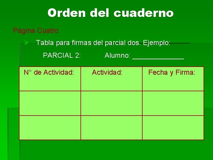 Orden del cuaderno Página Cuatro. Ø Tabla para firmas del parcial dos. Ejemplo: PARCIAL