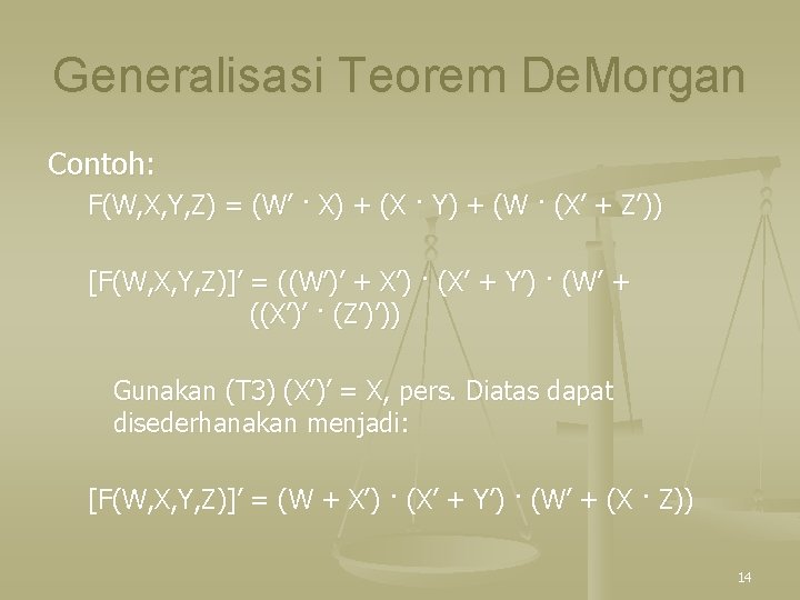 Generalisasi Teorem De. Morgan Contoh: F(W, X, Y, Z) = (W’ · X) +