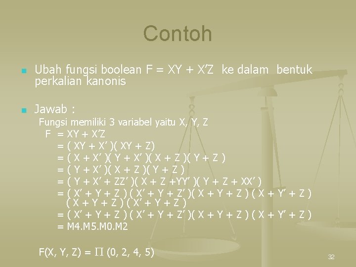 Contoh n Ubah fungsi boolean F = XY + X’Z ke dalam bentuk perkalian