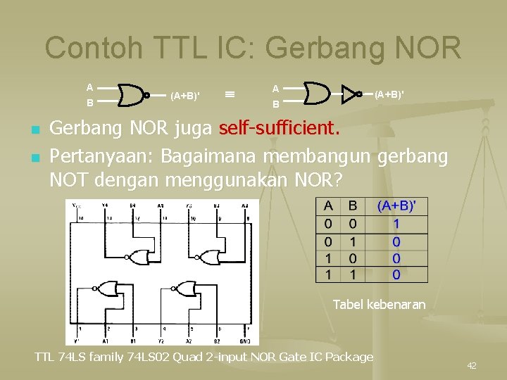 Contoh TTL IC: Gerbang NOR A B n n (A+B)' A (A+B)' B Gerbang