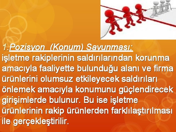 1. Pozisyon (Konum) Savunması: işletme rakiplerinin saldırılarından korunma amacıyla faaliyette bulunduğu alanı ve firma