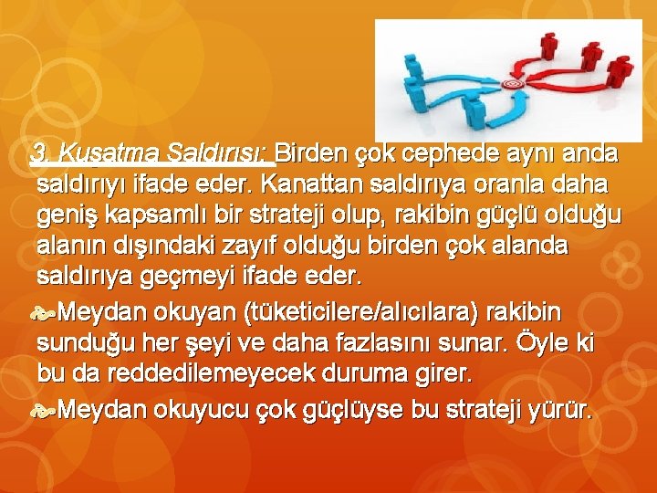 3. Kuşatma Saldırısı: Birden çok cephede aynı anda saldırıyı ifade eder. Kanattan saldırıya oranla