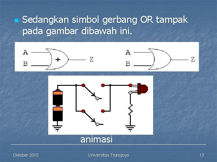 n Sedangkan simbol gerbang OR tampak pada gambar dibawah ini. animasi Oktober 2010 Universitas