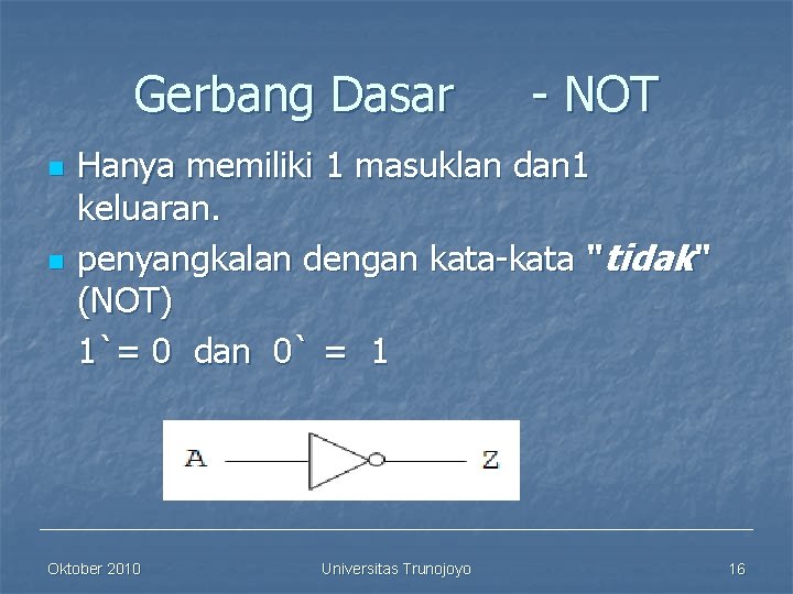 Gerbang Dasar n n - NOT Hanya memiliki 1 masuklan dan 1 keluaran. penyangkalan