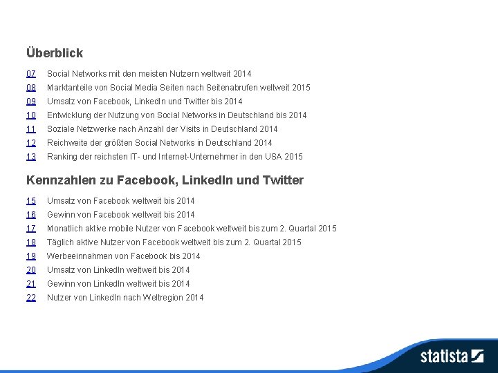 Überblick 07 Social Networks mit den meisten Nutzern weltweit 2014 08 Marktanteile von Social