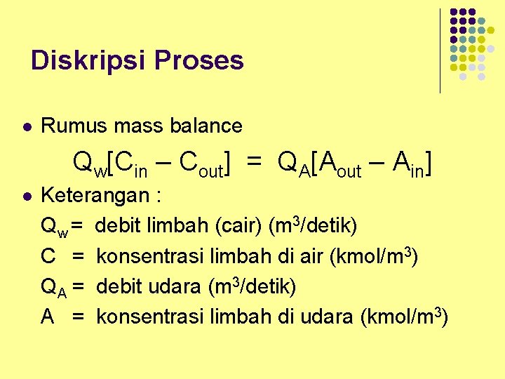 Diskripsi Proses l Rumus mass balance Qw[Cin – Cout] = QA[Aout – Ain] l
