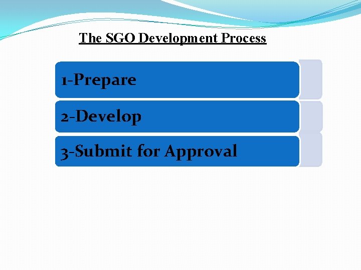 The SGO Development Process 1 -Prepare 2 -Develop 3 -Submit for Approval 