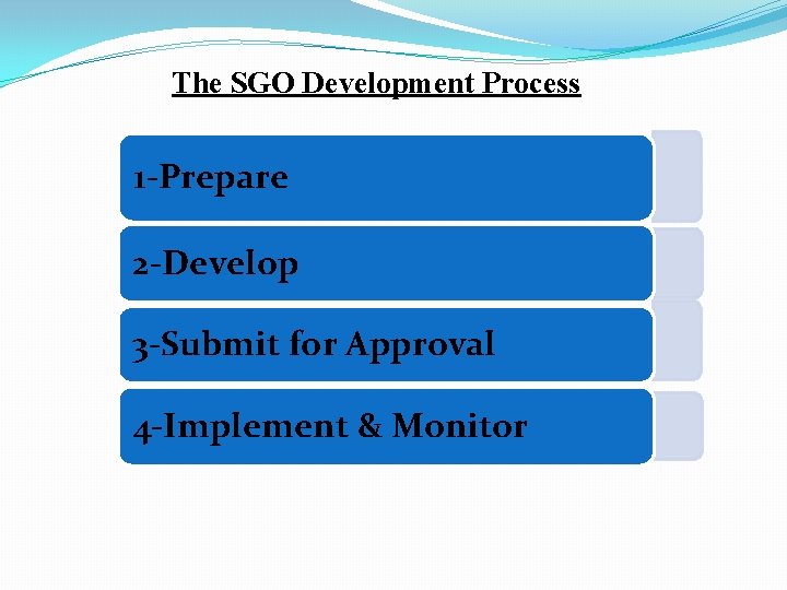 The SGO Development Process 1 -Prepare 2 -Develop 3 -Submit for Approval 4 -Implement