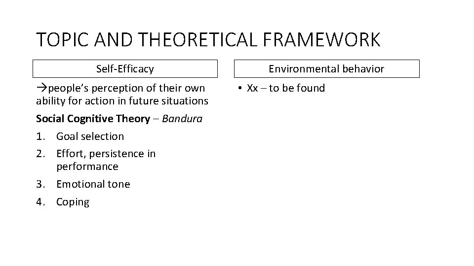 TOPIC AND THEORETICAL FRAMEWORK Self-Efficacy people’s perception of their own ability for action in