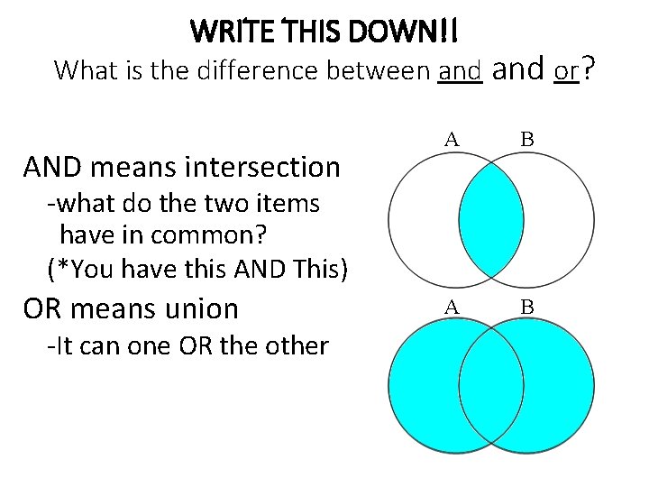 WRITE THIS DOWN!! What is the difference between and or? AND means intersection A