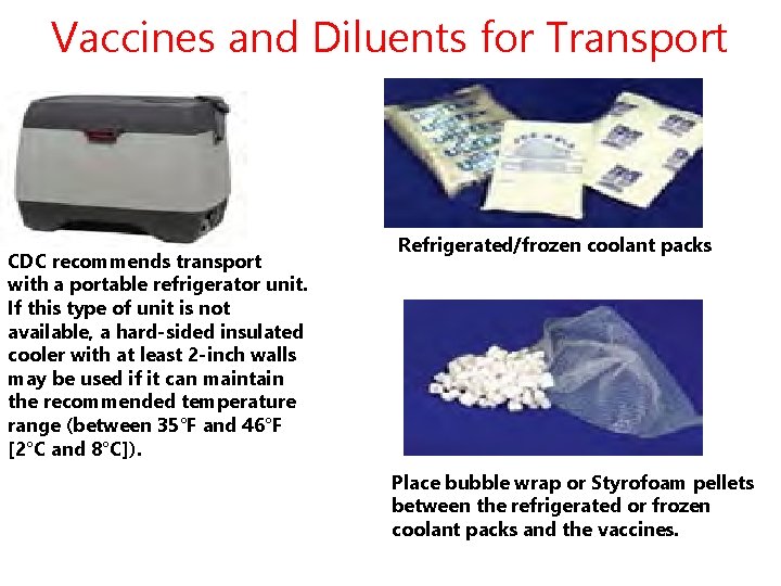 Vaccines and Diluents for Transport CDC recommends transport with a portable refrigerator unit. If