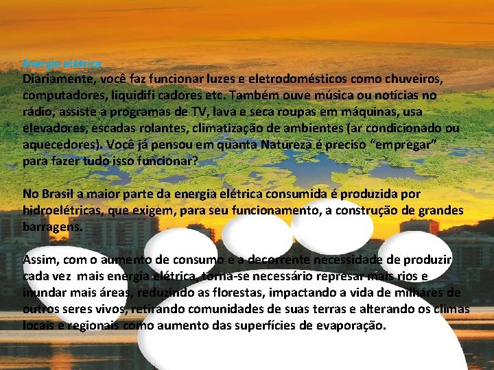 Energia elétrica Diariamente, você faz funcionar luzes e eletrodomésticos como chuveiros, computadores, liquidifi cadores