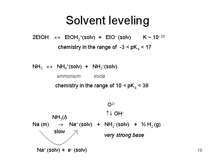 Solvent leveling 2 Et. OH 2+(solv) + Et. O (solv) K ~ 10 20